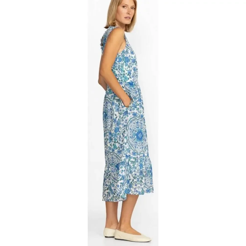 Johnny Was Willow Blue Floral Tank Midi Dress Size S Tiered Ruffle Pockets - Picture 7 of 8